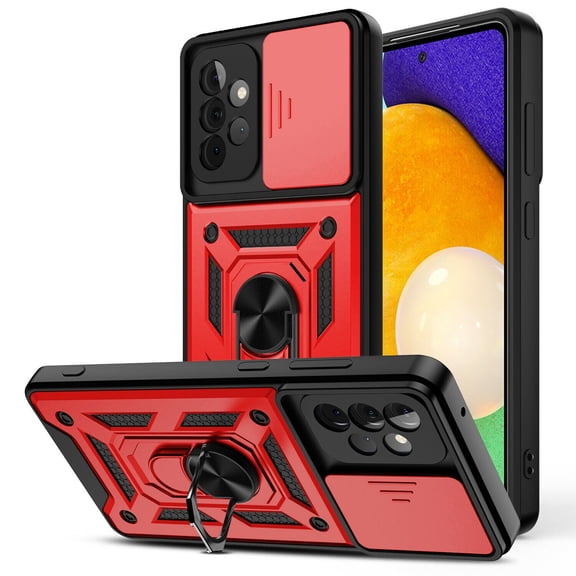 Samsung Galaxy A32 Case, Galaxy A32 4G Case, Dteck [Military-Grade] [360 Ring Kickstand & Slide Camera Protector] Hybird Impact-Resistant Bumpers Cover Phone Case for Samsung Galaxy A32 4G, Red