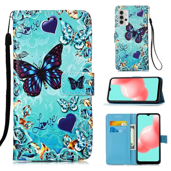 For Samsung Galaxy A32 Case 5G, Mantto Cute Pattern Painted Flip Wallet Card Case, With Hand Strap Magnetic Closure Stand Phone Case Cover For Samsung Galaxy A32 5G,Heart Butterfly