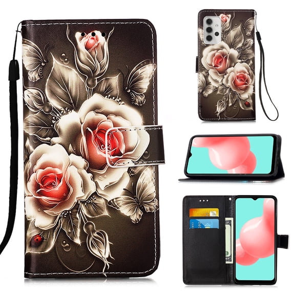 For Samsung Galaxy A32 Case 5G, Mantto Cute Pattern Painted Flip Wallet Card Case, With Hand Strap Magnetic Closure Stand Phone Case Cover For Samsung Galaxy A32 5G,Rose Flower