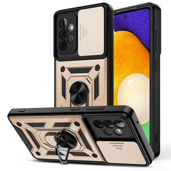 Samsung Galaxy A32 Case, Galaxy A32 4G Case, Dteck [Military-Grade] [360 Ring Kickstand & Slide Camera Protector] Hybird Impact-Resistant Bumpers Cover Phone Case for Samsung Galaxy A32 4G, Gold