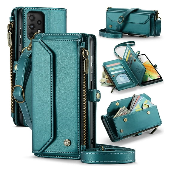 for Samsung Galaxy A33 5G Full Body Protection Wallet Folio Flip Case, Shoulder Strap & Wristlet Card Slots Zipper Pocket RFID Blocking Rugged Durable PU Leather Phone Case Cover, Green
