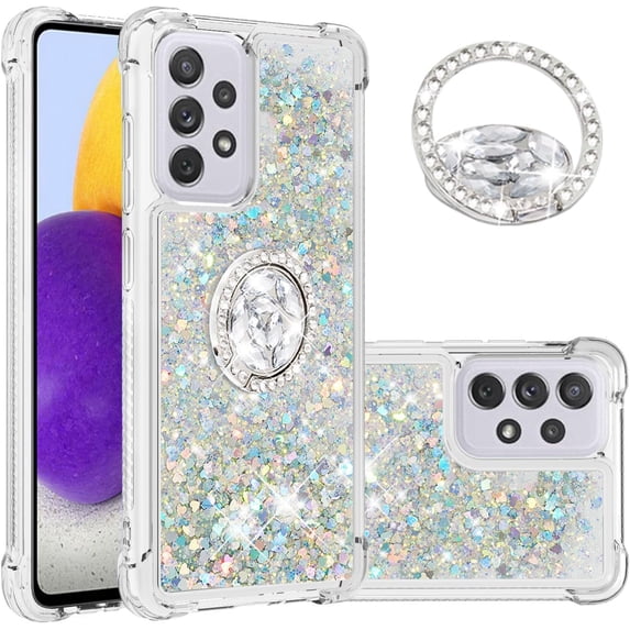 for Samsung Galaxy A33 5G Glitter Case with Ring Holder, Bling Sparkle Floating Liquid Soft TPU Cushion Fashion Girly Women Girls Clear Case Cover for Samsung Galaxy A33 5G Silver