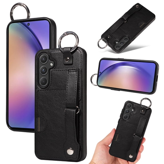 for Samsung Galaxy A34 5G Back Case with Wristband Card Holder Drop Protective Cover with Stand PU Leather All-round Shockproof Finger Ring Snap Bracket Design for Samsung Galaxy A34 5G, Black