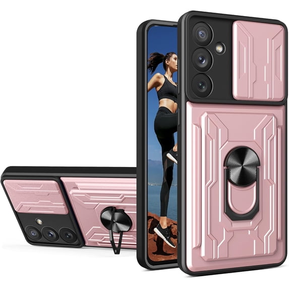 for Samsung Galaxy A34 5G Case with Slide Camera Cover, Heavy Duty Protective with Ring Kickstand & Card Holder Cell Phone Case for Samsung Galaxy A34 5G LJK Rose Gold