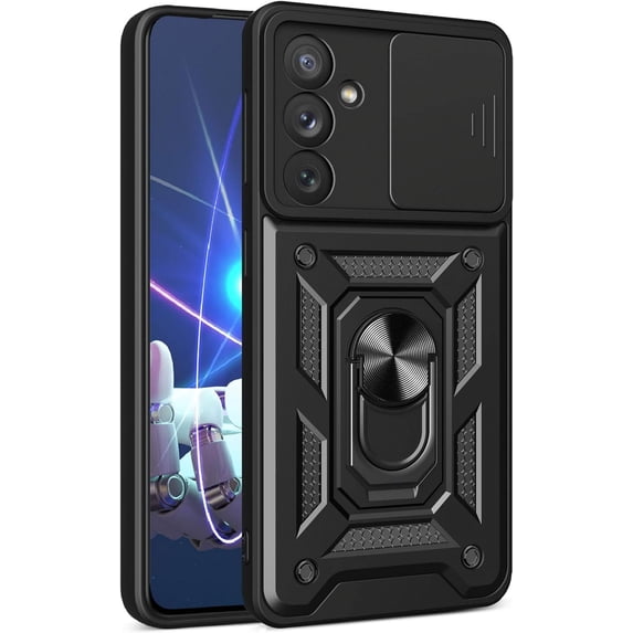 for Samsung Galaxy A34 5G Case with Slide Camera Cover, Military Grade Drop Protective Phone Cover Case with Ring Kickstand for Samsung Galaxy A34 5G SJ Black