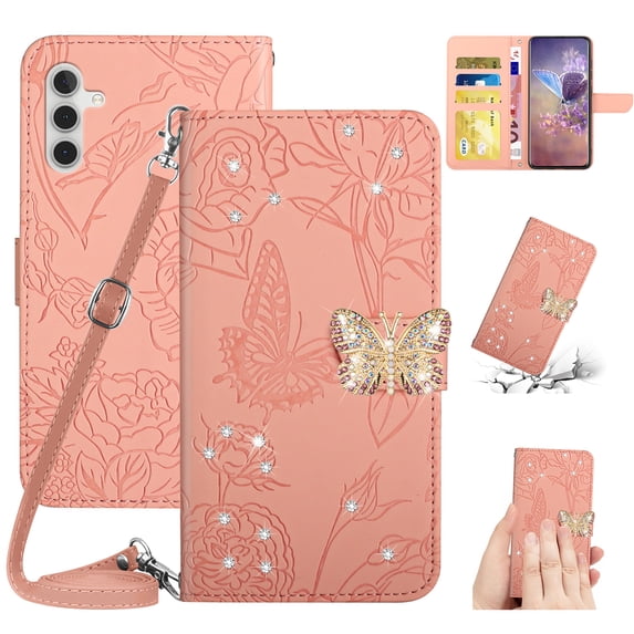 for Samsung Galaxy A34 5G Flower Pattern Wallet Case, with Wrist Hand Strap Crossbody Lanyard, Sparkle Rhinestone Butterfly Cover with Card Slots & Kickstand & Magnetic Clasp Case, Pink