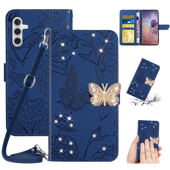 for Samsung Galaxy A34 5G Flower Pattern Wallet Case, with Wrist Hand Strap Crossbody Lanyard, Sparkle Rhinestone Butterfly Cover with Card Slots & Kickstand & Magnetic Clasp Case, Darkblue