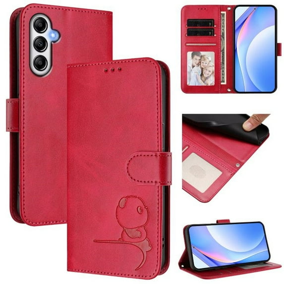For Samsung Galaxy A34 5G Litter Panda Embossing Leather Phone Case with RFID Blocking Card Slot Wallet Magnetic Clasp Lanyard Flip Stand Case,Rose Red,For Galaxy A34 5G