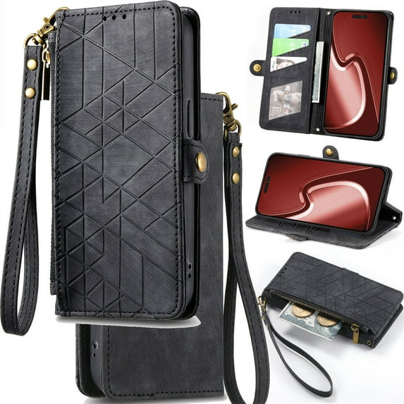 for Samsung Galaxy A34 (5G) Phone Case Leather Wallet Zipper Pocket Pouch, Retro Brushed Striped Folio Flip Cover Kickstand, Card Holder Cash Slot, Magnetic Metal Button, Wrist Strap