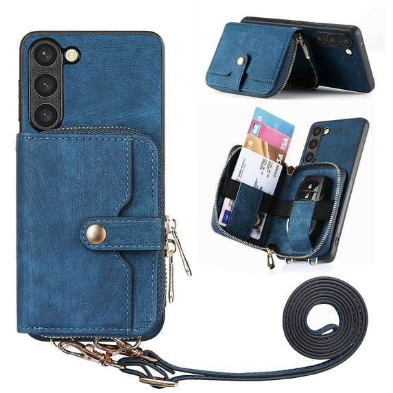 for Samsung Galaxy A34 5G Wallet Case, Crossbody Phone Purse with Card Holder for Women, Zipper PU Leather Carrying Cover Gift with Shoulder Strap Kickstand Anti-drop for A34 5G - Blue
