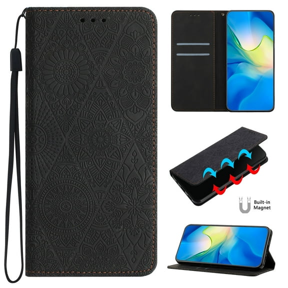 for Samsung Galaxy A34 5G Wallet Case, PU Leather Protective Case Embossed Folio Magnetic Card Slots Holder Kickstand with Wrist Strap Shockproof Slim Flip Case for Samsung Galaxy A34 5G, Black