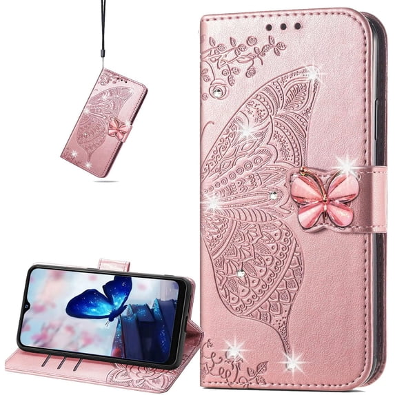 for Samsung Galaxy A34 5G Wallet Case for Women Girls, Shiny Butterfly Flower PU Leather Cover with Card Slot Holder Flip Phone Case for Samsung Galaxy A34 5G Rhinestone Rose Gold