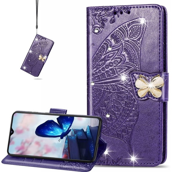 for Samsung Galaxy A34 5G Wallet Case for Women Girls, Shiny Butterfly Flower PU Leather Cover with Card Slot Holder Flip Phone Case for Samsung Galaxy A34 5G Rhinestone Deep Purple