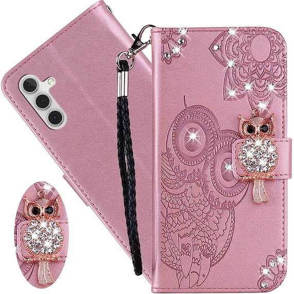 for Samsung Galaxy A34 5G Wallet Case for Women, Glitter Bling Diamond PU Leather Folio Cover with Card Slot Wrist Strap Built-in Kickstand Case for Samsung Galaxy A34 5G Owl Rose Gold
