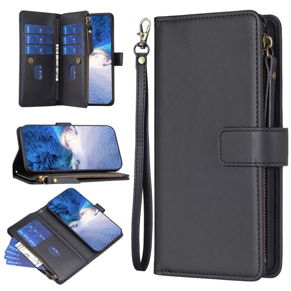 for Samsung Galaxy A34 5G Zipper Wallet Case for Women & Men with Credit Card Holder Wrist Hand Strap Kickstand, PU Leather Flip Magnetic Clasp Purse Cover for Samsung Galaxy A34 5G, Black