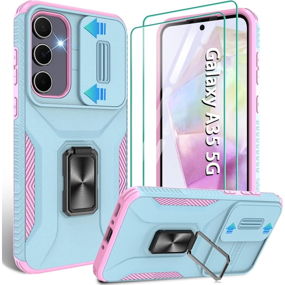 for Samsung Galaxy A35 5G Case with Slide Camera Cover & Screen Protector (2 PCS), A35 Case Build in 360° Rotating Ring Kickstand, Military Grade Protective Case for Galaxy A35 Phone Cases, Mint