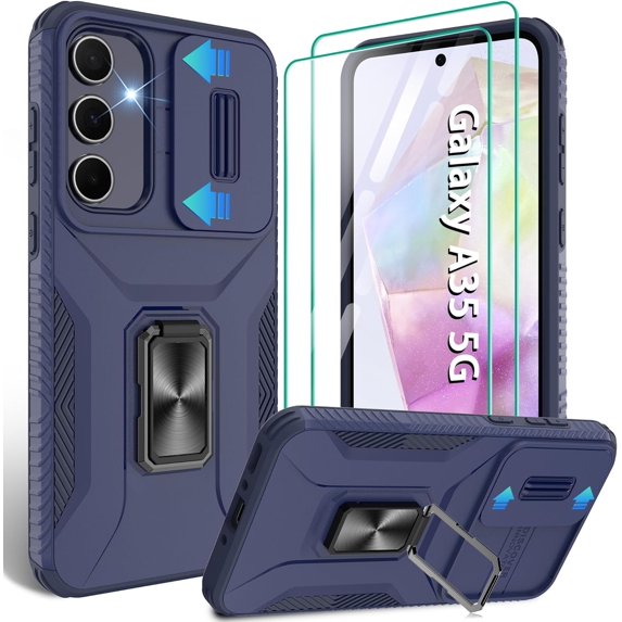 for Samsung Galaxy A35 5G Case with Slide Camera Cover & Screen Protector (2 PCS), A35 Case Build in 360° Rotating Ring Kickstand, Military Grade Protective Case for Galaxy A35 Phone Cases, Blue