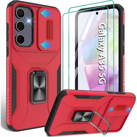 for Samsung Galaxy A35 5G Case with Slide Camera Cover & Screen Protector (2 PCS), A35 Case Build in 360° Rotating Ring Kickstand, Military Grade Protective Case for Galaxy A35 Phone Cases, Red