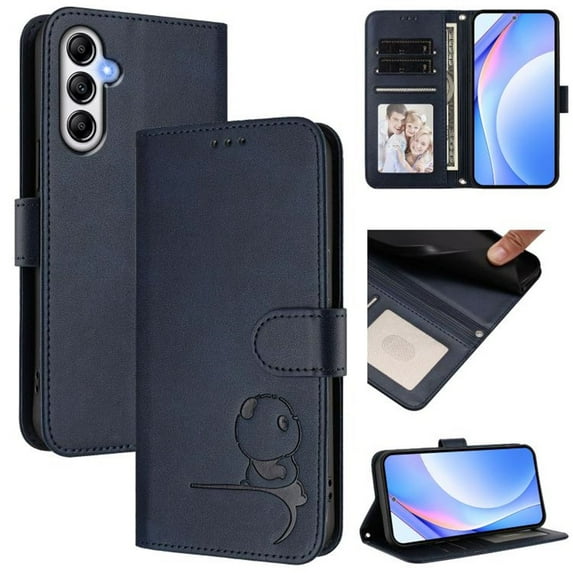 For Samsung Galaxy A35 5G Litter Panda Embossing Leather Phone Case with RFID Blocking Card Slot Wallet Magnetic Clasp Lanyard Flip Stand Case,Blue,For Galaxy A35 5G