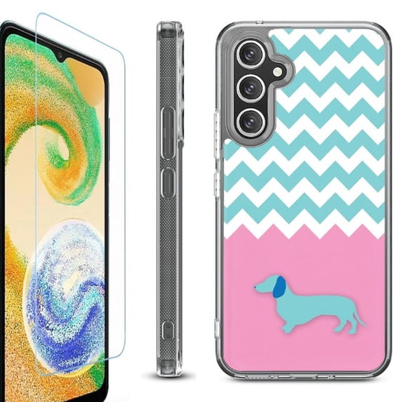 For Samsung Galaxy A35 5G Phone Case Cover, Shockproof Bumper Hybrid Case with Tempered Glass Screen Protector, by OneToughShield - Chevron/Dachshund/Puppy