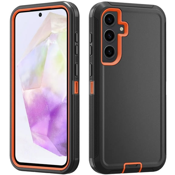 Samsung Galaxy A35 5G Phone Case Shockproof Dust/Drop Proof 3 in 1 Full Body Rugged Heavy Duty Durable Cover Black Orange