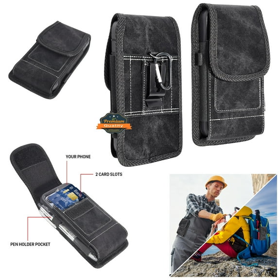 For Samsung Galaxy A35 5G Universal Vertical Denim Fabric Case Holster with 2 Card Slots, Pen Holder, Belt Clip Loop & Hook Carrying Large Phone Pouch - Black Denim