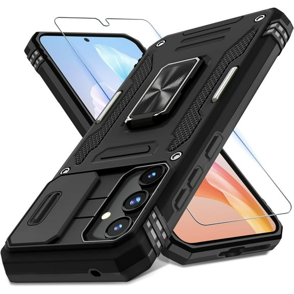 for Samsung Galaxy A35/A55 5G Case with Slide Camera Cover+Screen Protector (1 Pack), Rotated Ring Kickstand Military Grade Shockproof Protective Cover-Black