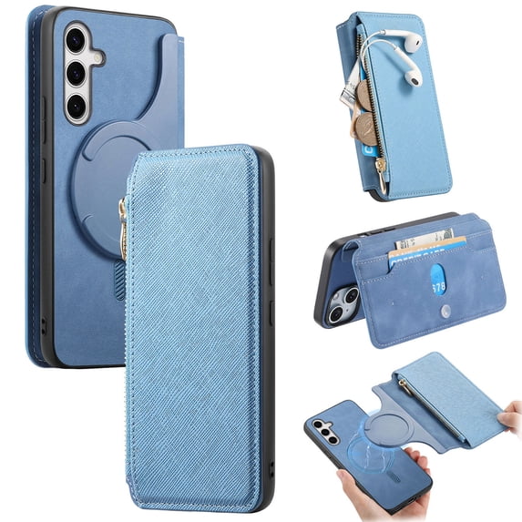 For Samsung Galaxy A35 Case with RFID Blocking Card Holder for Women Men,Compatible with MagSafe,Detachable Wallet 2 in 1 PU Leather Magnetic Snap Flip Kickstand Zipper Pouch Phone Case,Blue