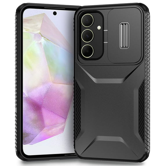 for Samsung Galaxy A35 Case with Sliding Camera Lens Cover, Shockproof Rugged Hard PC Back & TPU Edge Military Grade Dual-Layers Protection Non-Slip Phone Case for Galaxy A35, Black