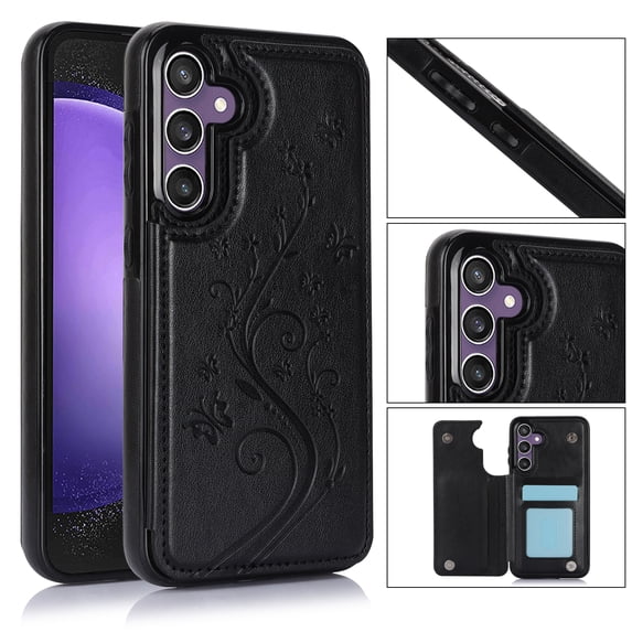 for Samsung Galaxy A35 Case Wallet with Card Holder, Floral Flower Pattern Back Flip Folio PU Leather Kickstand Card Slots Case for Women Girls, Double Magnetic Clasp Shockproof Cover, Black