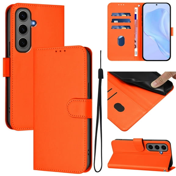for Samsung Galaxy A35 Case Wallet with Card Holder,PU Leather Anti-fall Thin Fit Phone case for Women Men,Kickstand,flip Shockproof Cover with Credit Card Slots and Wrist Strap,Orange