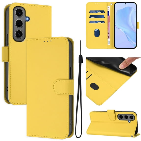for Samsung Galaxy A35 Case Wallet with Card Holder,PU Leather Anti-fall Thin Fit Phone case for Women Men,Kickstand,flip Shockproof Cover with Credit Card Slots and Wrist Strap,Lemon