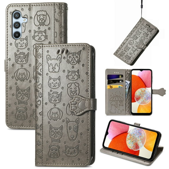 for Samsung Galaxy A35 Case Wallet,Magnetic Closure PU Leather Cute Embossed with Wrist Strap, RFID Blocking Card Slots Pocket Flip Kickstand Protective Phone Case Cover,Gray