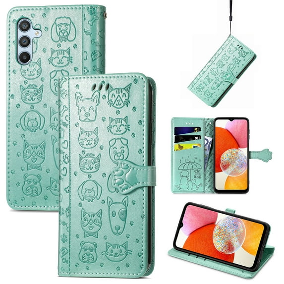 for Samsung Galaxy A35 Case Wallet,Magnetic Closure PU Leather Cute Embossed with Wrist Strap, RFID Blocking Card Slots Pocket Flip Kickstand Protective Phone Case Cover,Green