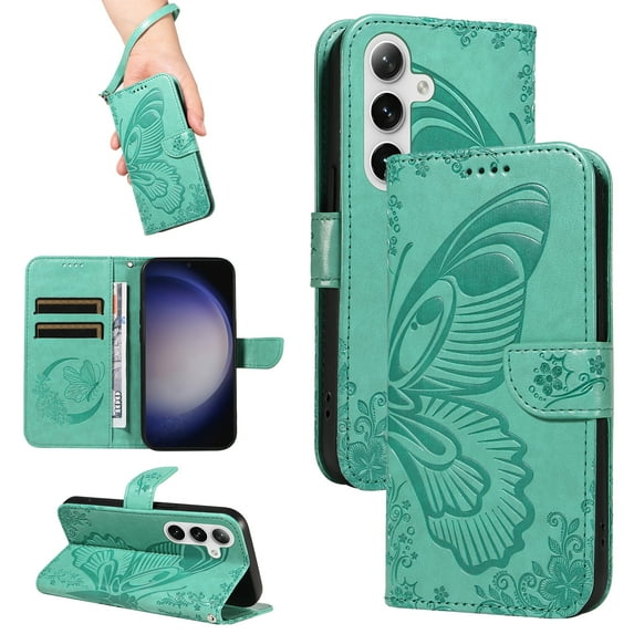 for Samsung Galaxy A35 Case Wallet for Women, Flip Folio Cover with Butterfly Pattern PU Leather Stand Card Holder Slots Wrist Strap Protective Phone Case for Samsung Galaxy A35, Green