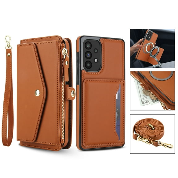 For Samsung Galaxy A35 Crossbody Wallet Phone Case,Magnetic Detachable Flip,With Shoulder Strap&Wrist Strap,Zipper Pocket,Card&Cash Slots,PU Leather Shockproof Rugged Phone Case,Brown