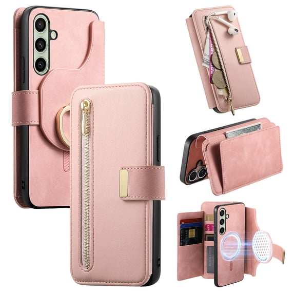 for Samsung Galaxy A35 Detachable Wallet Case with Card Holder, 2 in 1 PU Leather Flip Folio Case with RFID Blocking Magnetic Stand Removable Shockproof Phone Cover with Ring Holder, Pink