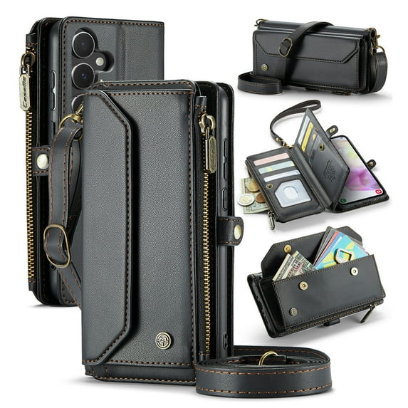 for Samsung Galaxy A35 Full Body Protection Wallet Folio Flip Case, Shoulder Strap & Wristlet Card Slots Zipper Pocket RFID Blocking Rugged Durable PU Leather Phone Case Cover, Black