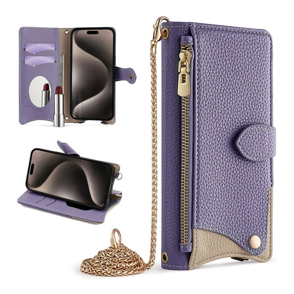 for Samsung Galaxy A35 Phone Case Wallet,Crossbody Case with Strap/Chain for Women, PU Leather Kickstand, Zipper Pocket Card Holder,Magnetic Clasp Handbag Mirror Shockproof Case,Purple