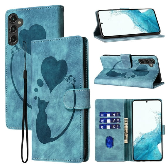 for Samsung Galaxy A35 Phone Case Wallet Flip Cases,Cute Cat & Heart Patterned,Retro PU Leather Kickstand,Card Holder,Wrist Strap,Magnetic Closure,Shockproof Cover For Samsung Galaxy A35, Blue