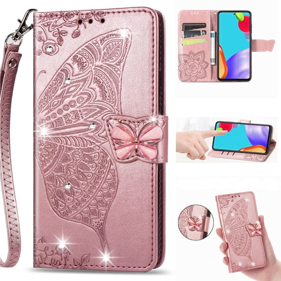 for Samsung Galaxy A35 Phone Case Wallet, Women Flip Folio Cover with Credit Card Holders Diamond Emboss Butterfly Flower PU Leather Purse Wrist Strap Kickstand Case for A35, Rosegold