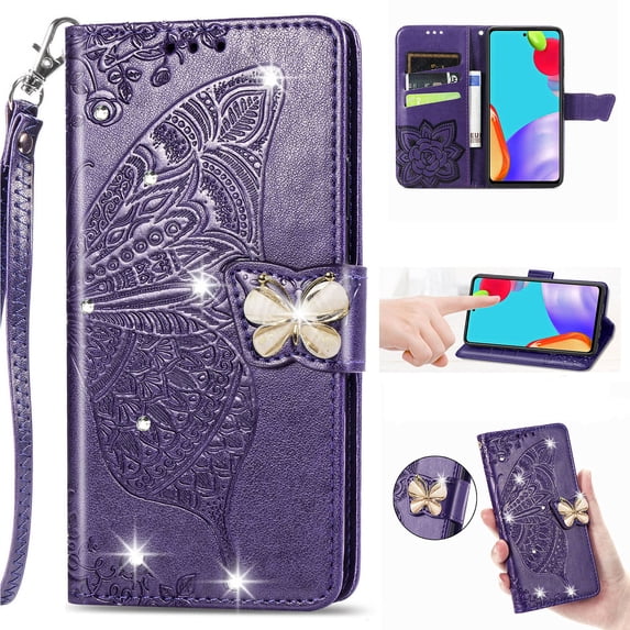 for Samsung Galaxy A35 Phone Case Wallet, Women Flip Folio Cover with Credit Card Holders Diamond Emboss Butterfly Flower PU Leather Purse Wrist Strap Kickstand Case for A35, Purple