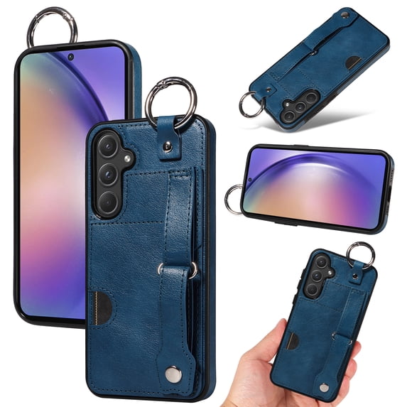 for Samsung Galaxy A35 Wallet Case with Card Holder, Hand Wrist Strap Loop Holder Kickstand, Finger Grip Ring PU Leather Double Buttons Shockproof Soft TPU Cover for Galaxy A35, Blue