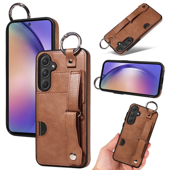 for Samsung Galaxy A35 Wallet Case with Card Holder, Hand Wrist Strap Loop Holder Kickstand, Finger Grip Ring PU Leather Double Buttons Shockproof Soft TPU Cover for Galaxy A35, Brown