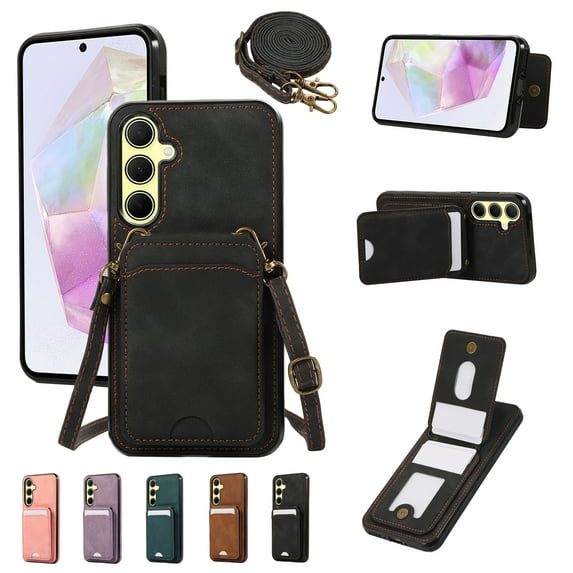 for Samsung Galaxy A35 Wallet Case with Shoulder Lanyard Strap, Crossbody Phone Case with Card Holder Slots for Women Girls, Luxury PU Leather Flip Stand Purse Cover Shockproof Case, Black