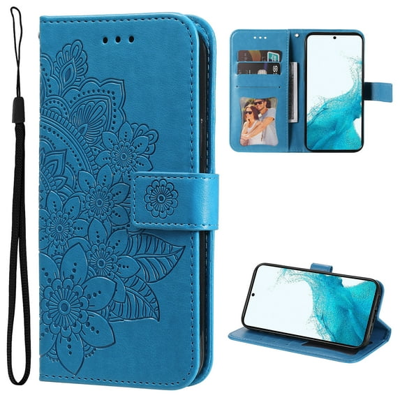 for Samsung Galaxy A35 Wallet Case for Women, with Card Holder Embossed Mandala Flower Flip PU Leather Magnetic Protective Kickstand Cover with Lanyard for Samsung Galaxy A35, Blue