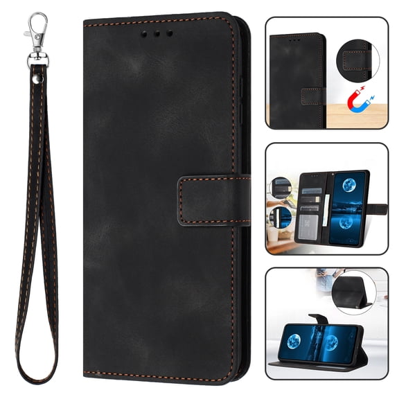 for Samsung Galaxy A35 Wallet Case with Wrist Strap, PU Leather Purse Shockproof Full Protective Phone Cover with Card Slots Magnetic Clasp Flip Stand Case for Galaxy A35, Black