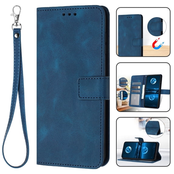 for Samsung Galaxy A35 Wallet Case with Wrist Strap, PU Leather Purse Shockproof Full Protective Phone Cover with Card Slots Magnetic Clasp Flip Stand Case for Galaxy A35, Blue