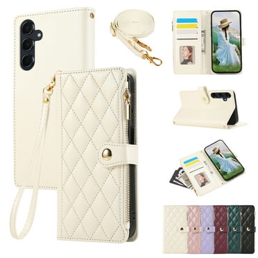 for Samsung Galaxy A35 Wallet Case with Zipper Pocket Card Holder & Crossbody Lanyard Strap & Wrist Strap, Flip Stand PU Leather Magnetic Folio Purse Case for Galaxy A35, Beige
