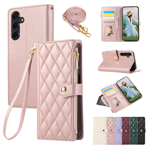 for Samsung Galaxy A35 Wallet Case with Zipper Pocket Card Holder & Crossbody Lanyard Strap & Wrist Strap, Flip Stand PU Leather Magnetic Folio Purse Case for Galaxy A35, Rosegold